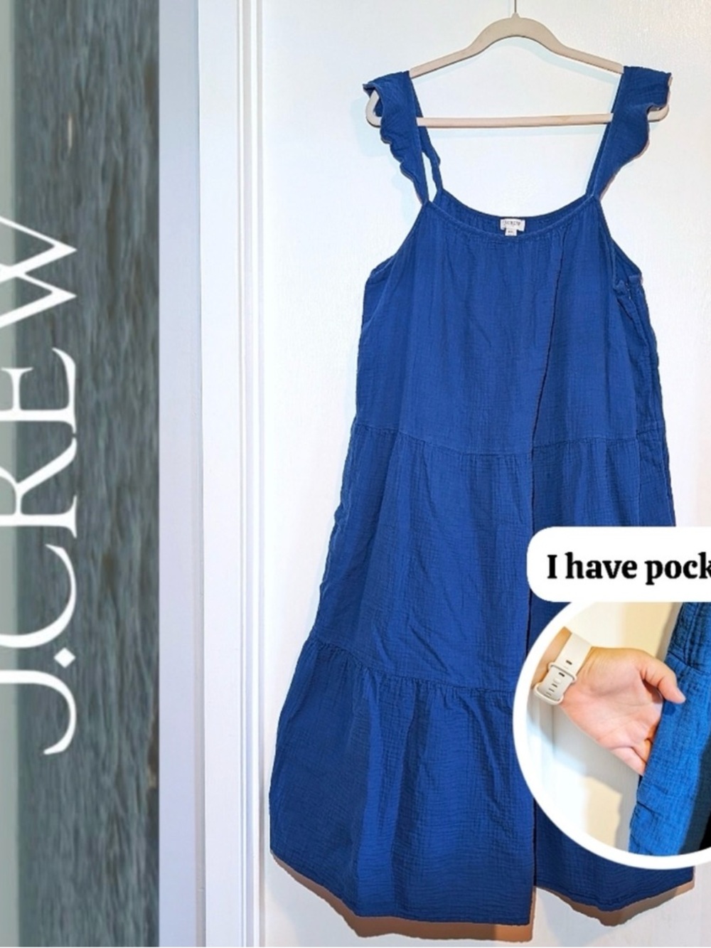 J. Crew Ruffle-Straps Maxi Blue Gauze Tiered Dress with Pockets Sz XXL